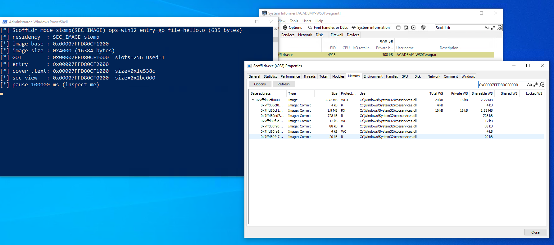 System Informer during SEC_IMAGE stomp pause: Image region for xpsservices.dll